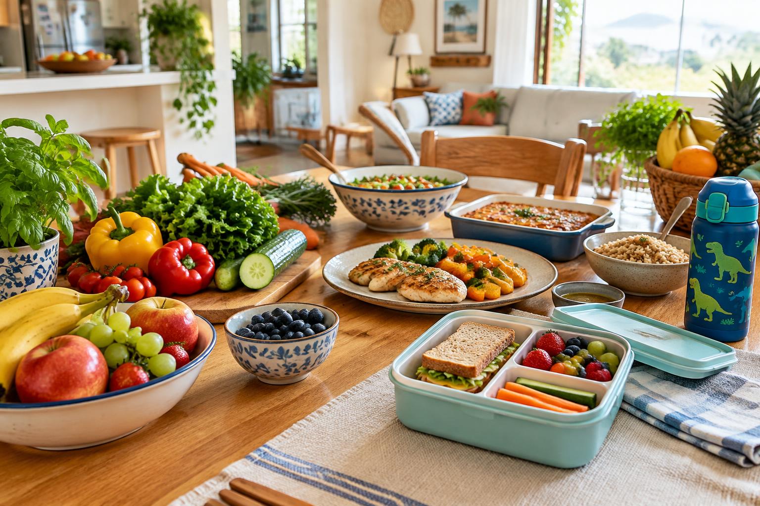 Mesa familiar com alimentos variados e lancheira